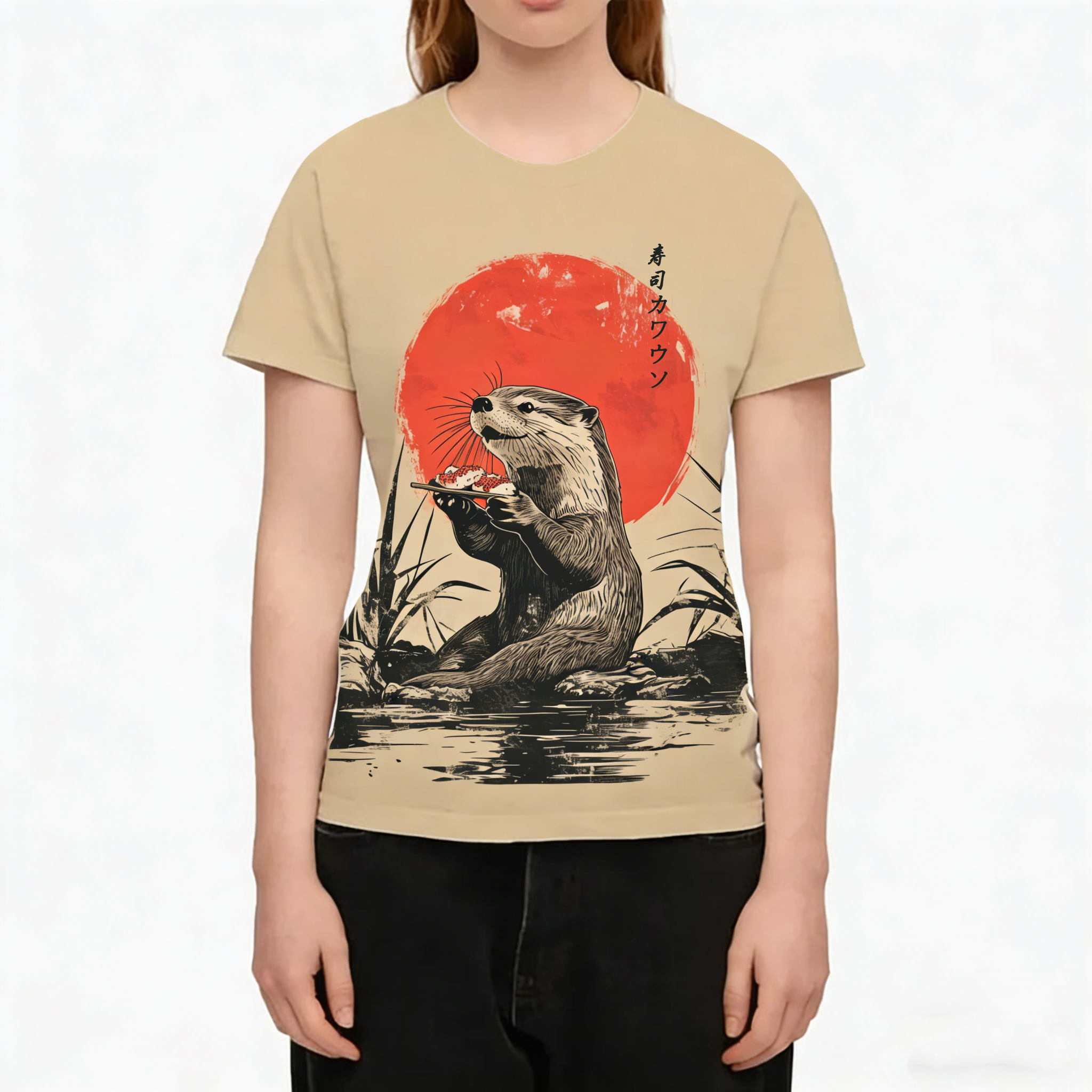 Otter Eating Sushi Japanese Ukiyo-e Crew Neck T-Shirt