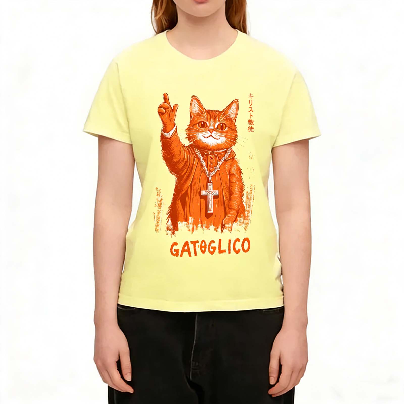 Gatoglico Priest Orange Cat  Japanese Funny Vintage Washed T-Shirt