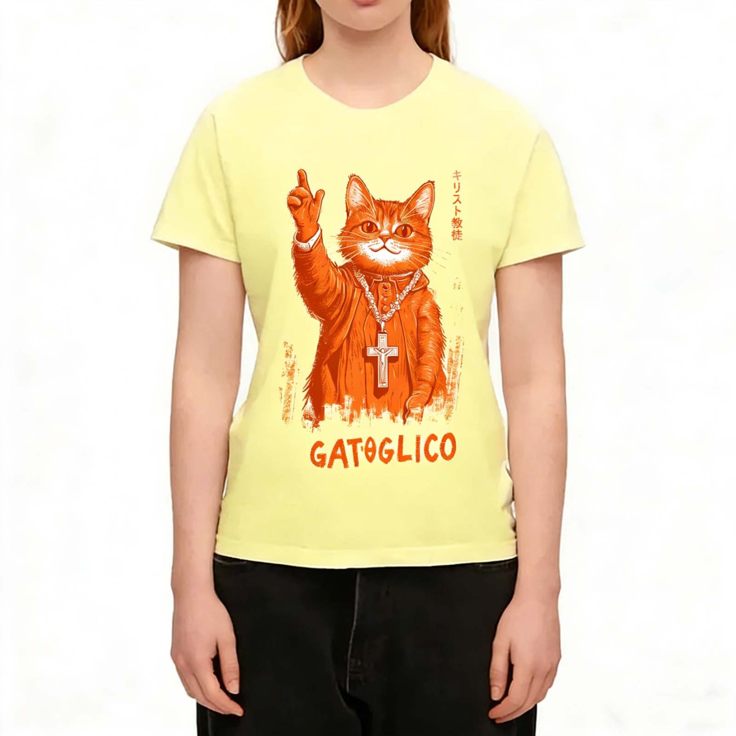 Gatoglico Priest Orange Cat  Japanese Funny Vintage Washed T-Shirt