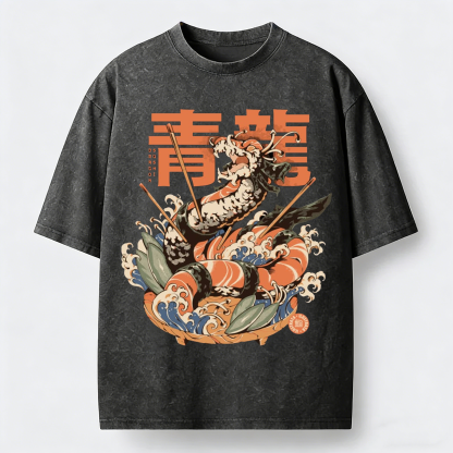 Blue Dragon Sushi Japanese Ukiyo-e Washed Loose T-Shirt