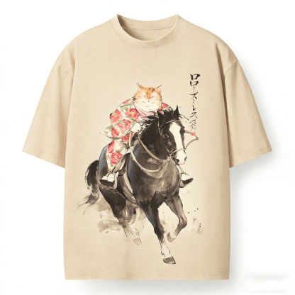 Kimono Fat Cat Riding Horse Ink Wash Japanese Vintage Washed T-Shirt