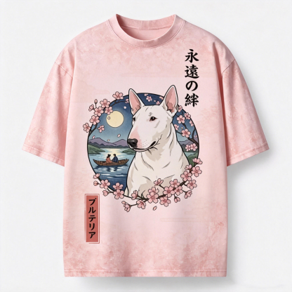 Bull Terrier Sakura Moon Night  Japanese Style Vintage Washed T-Shirt