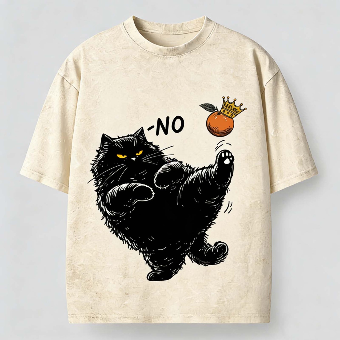 Kicking Orange Fat Black Cat Japanese Funny Vintage Washed T-Shirt