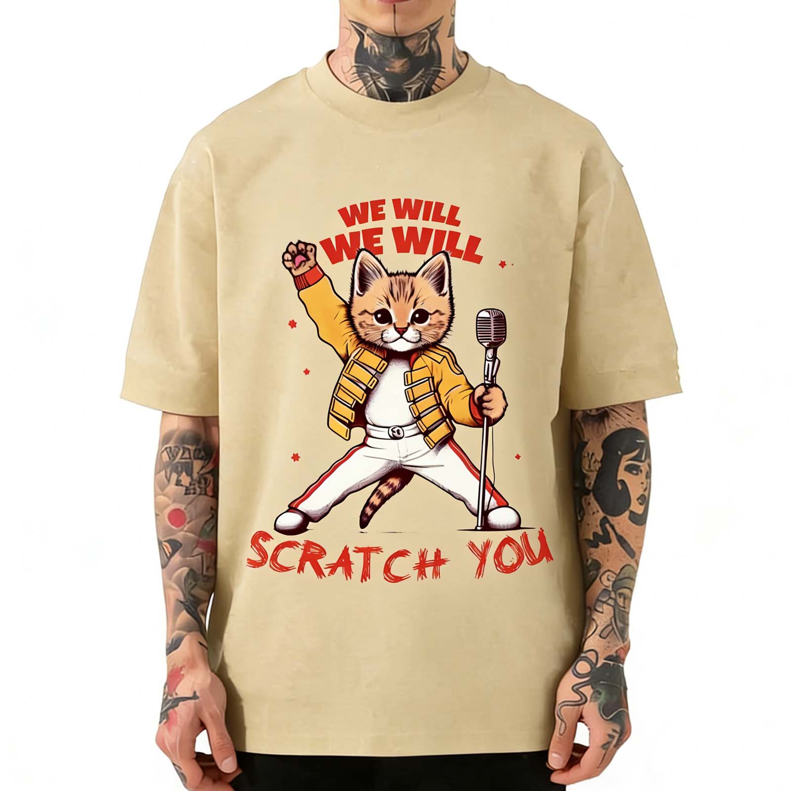 Rock Cat Funny Parody Vintage Washed Crew Neck Short Sleeve T-Shirt