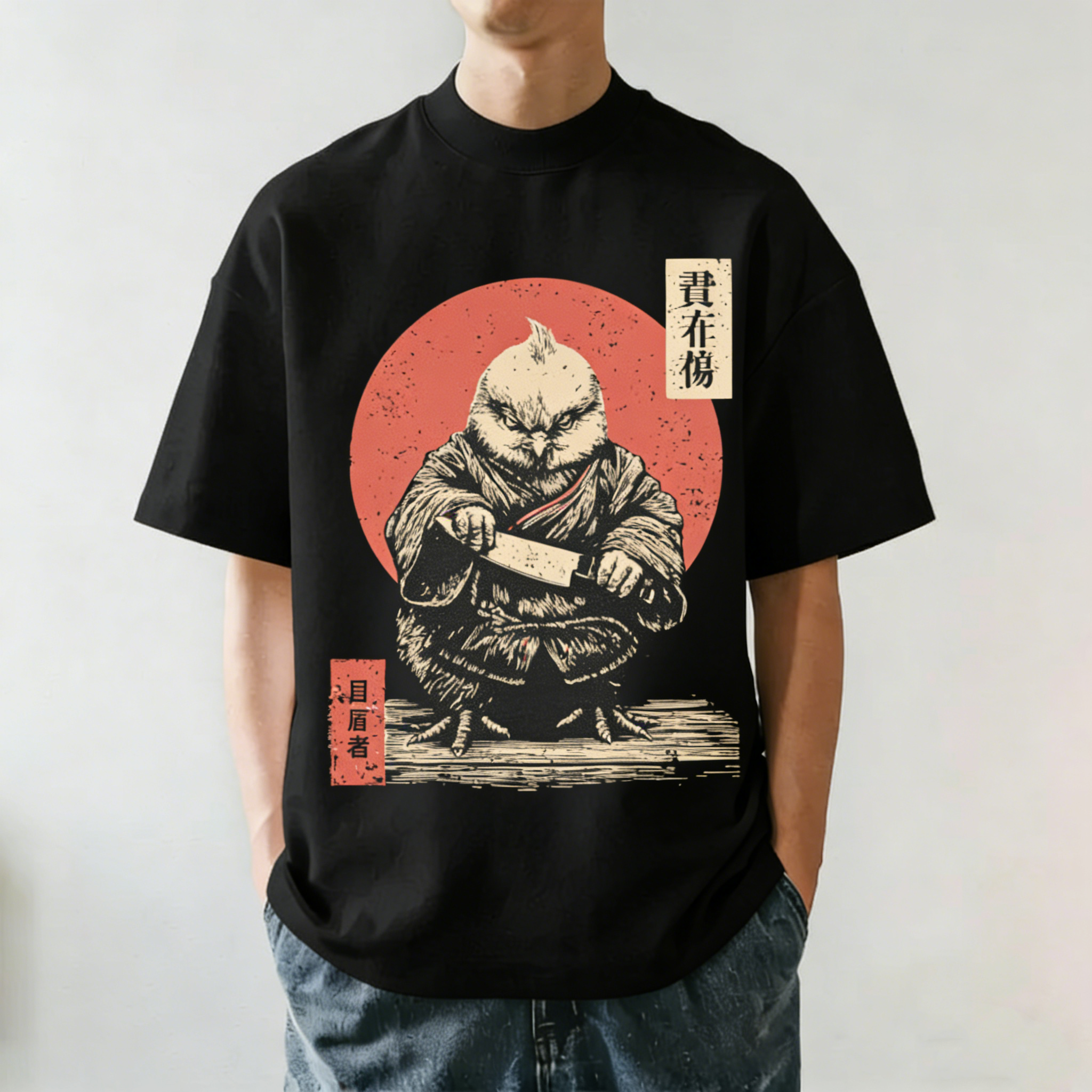Samurai Owl  Japanese Vintage Washed Crew Neck T-Shirt