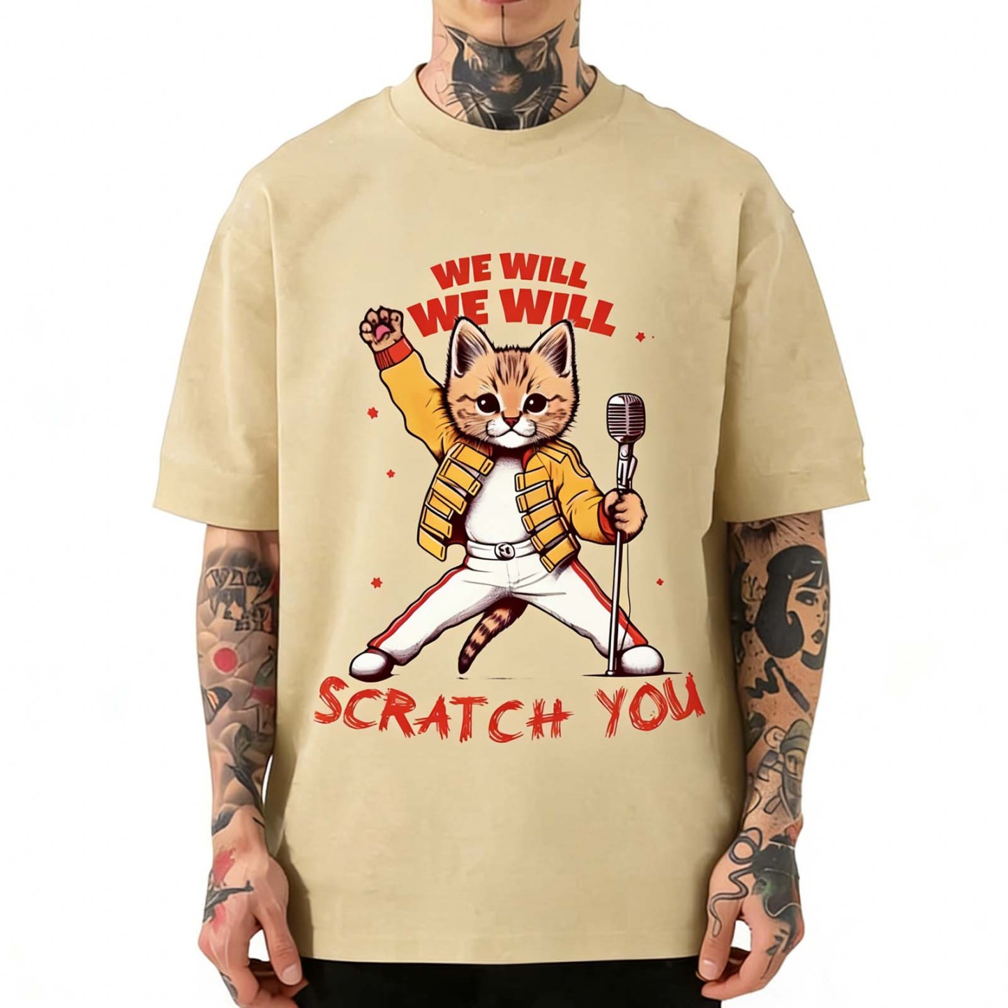 Rock Cat Funny Parody Vintage Washed Crew Neck Short Sleeve T-Shirt