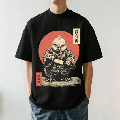 Samurai Owl  Japanese Vintage Washed Crew Neck T-Shirt