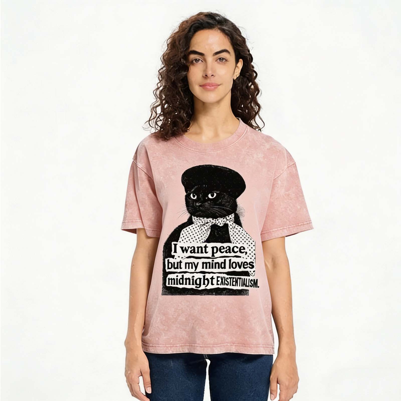 French Black Cat Philosophy Meme Vintage Washed Crew Neck Short Sleeve T-Shirt