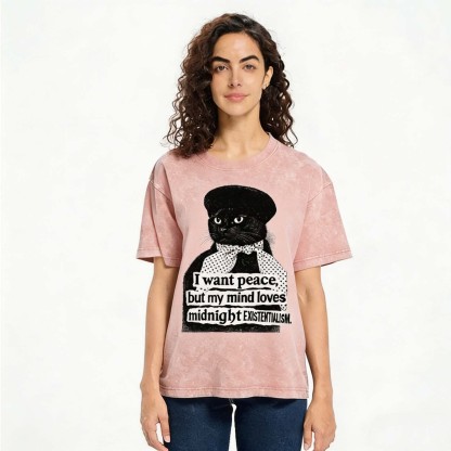 French Black Cat Philosophy Meme Vintage Washed Crew Neck Short Sleeve T-Shirt