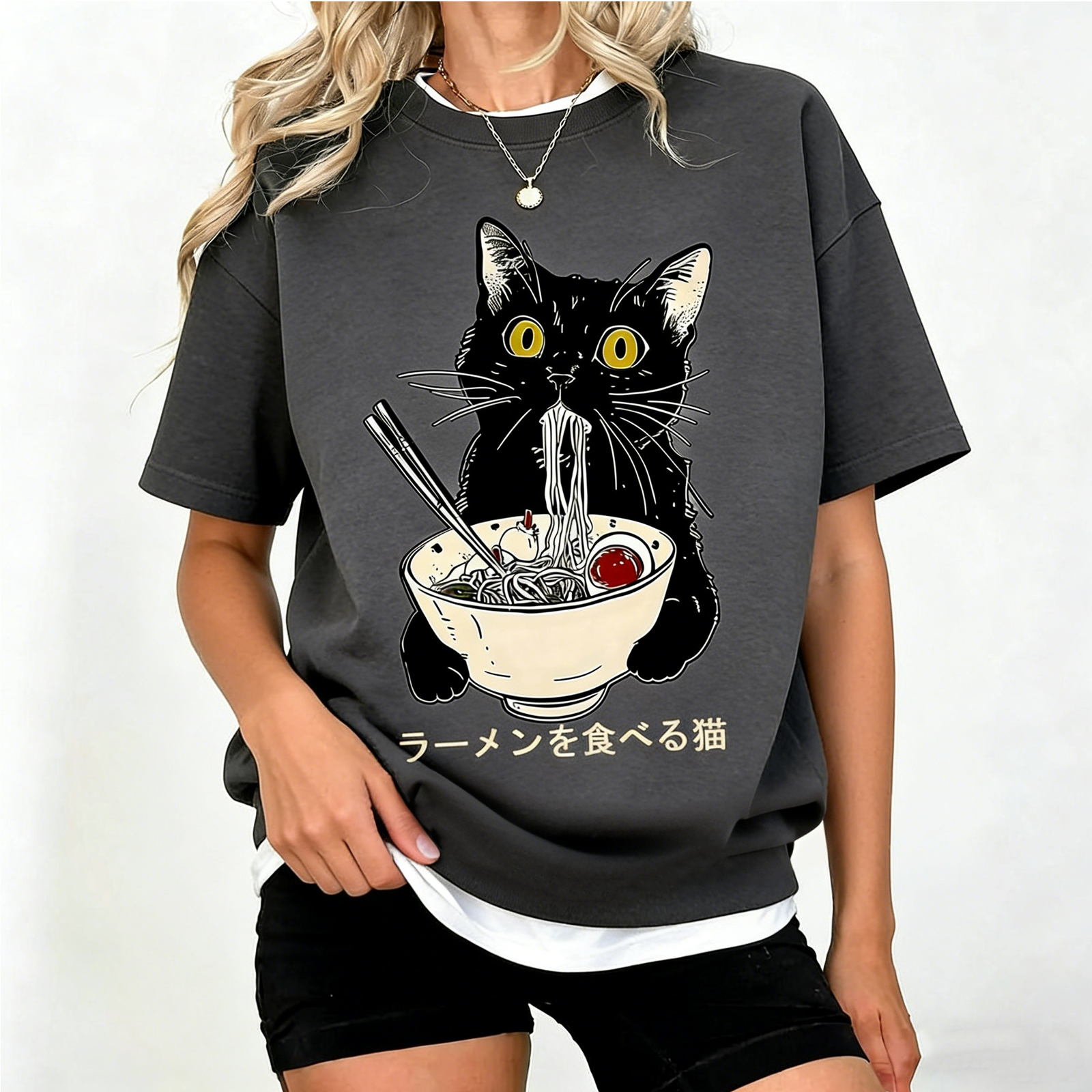 Ramen Eating Black Cat Japanese Washed Crew Neck T-Shirt