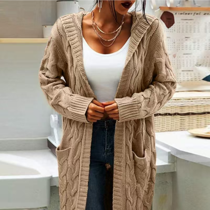 Elegant Plus Size Hooded Knit Cardigan, Long Sleeve Button Pocket Sweater Coat