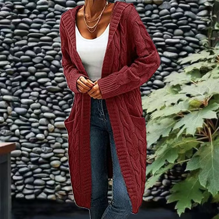 Elegant Plus Size Hooded Knit Cardigan, Long Sleeve Button Pocket Sweater Coat