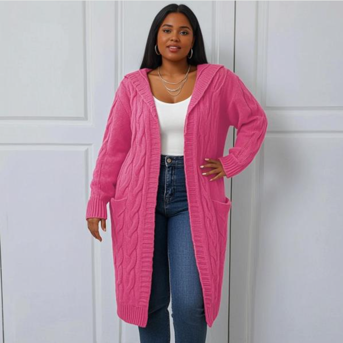 Elegant Plus Size Hooded Knit Cardigan, Long Sleeve Button Pocket Sweater Coat
