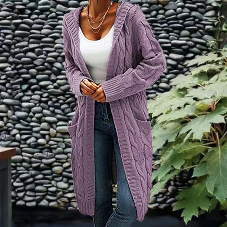 Elegant Plus Size Hooded Knit Cardigan, Long Sleeve Button Pocket Sweater Coat