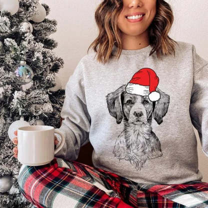 Custom-made pet Christmas sweatshirts, personalized dog Santa hat designs.
