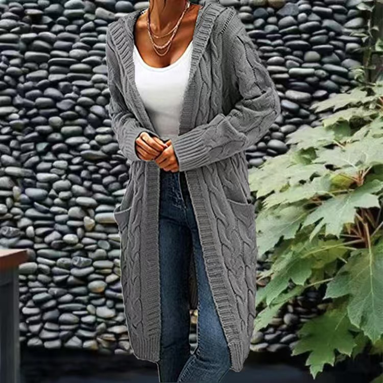 Elegant Plus Size Hooded Knit Cardigan, Long Sleeve Button Pocket Sweater Coat