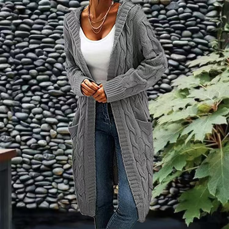 Elegant Plus Size Hooded Knit Cardigan, Long Sleeve Button Pocket Sweater Coat