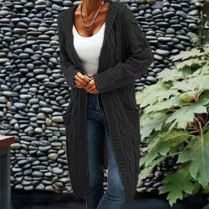 Elegant Plus Size Hooded Knit Cardigan, Long Sleeve Button Pocket Sweater Coat
