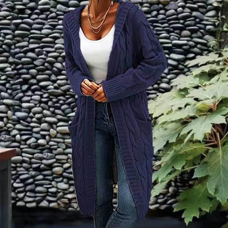 Elegant Plus Size Hooded Knit Cardigan, Long Sleeve Button Pocket Sweater Coat