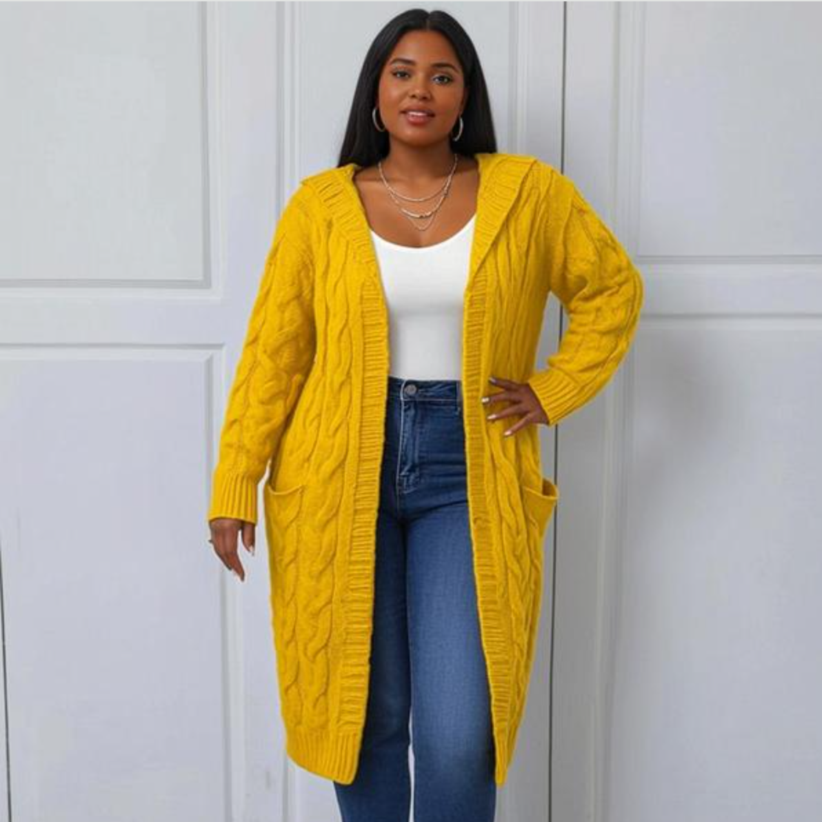 Elegant Plus Size Hooded Knit Cardigan, Long Sleeve Button Pocket Sweater Coat