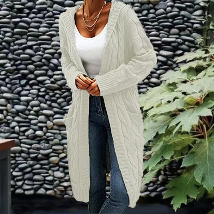 Elegant Plus Size Hooded Knit Cardigan, Long Sleeve Button Pocket Sweater Coat