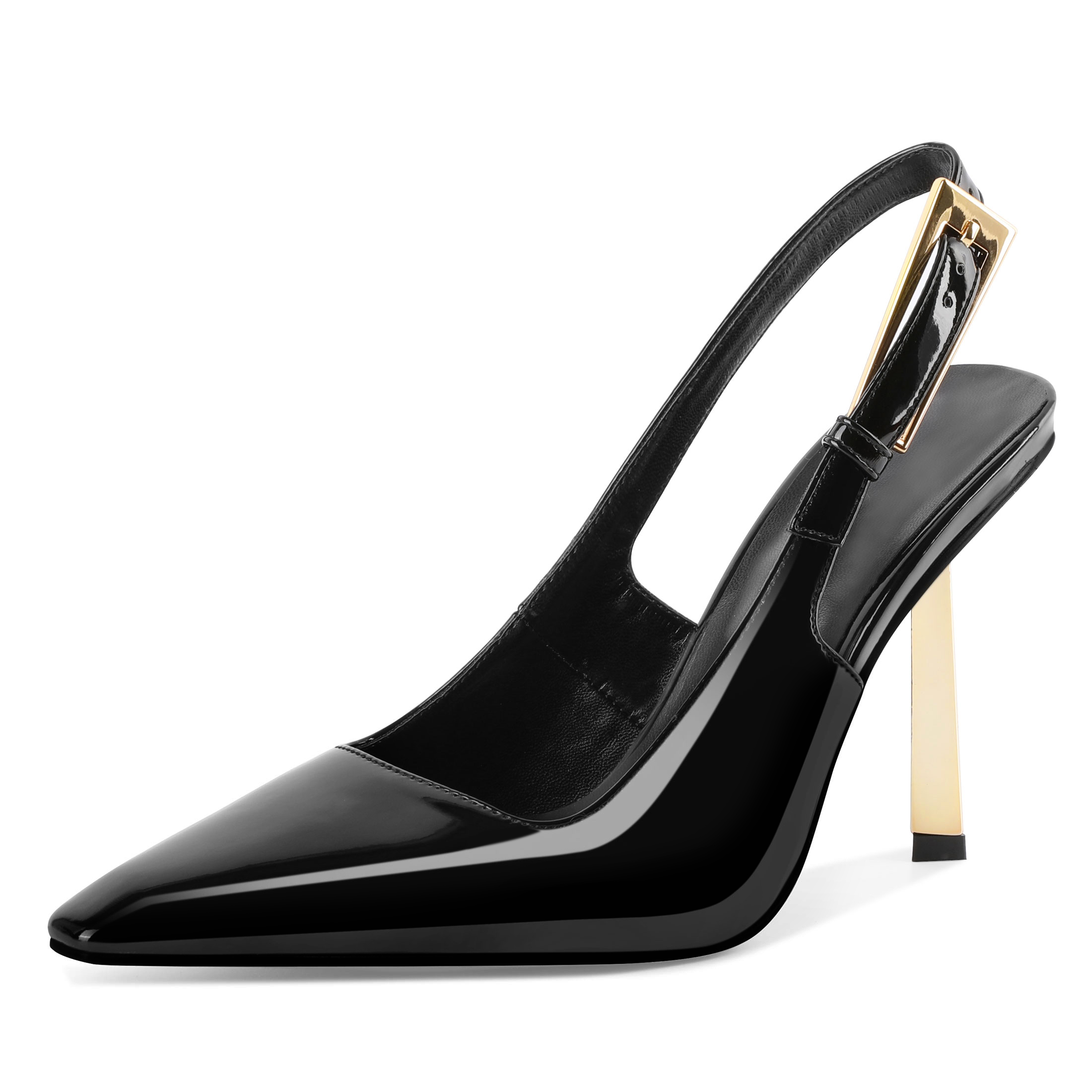 Black slingback heels with square pointed toe and gold-plated 4 inch stiletto – elegant pumps for women