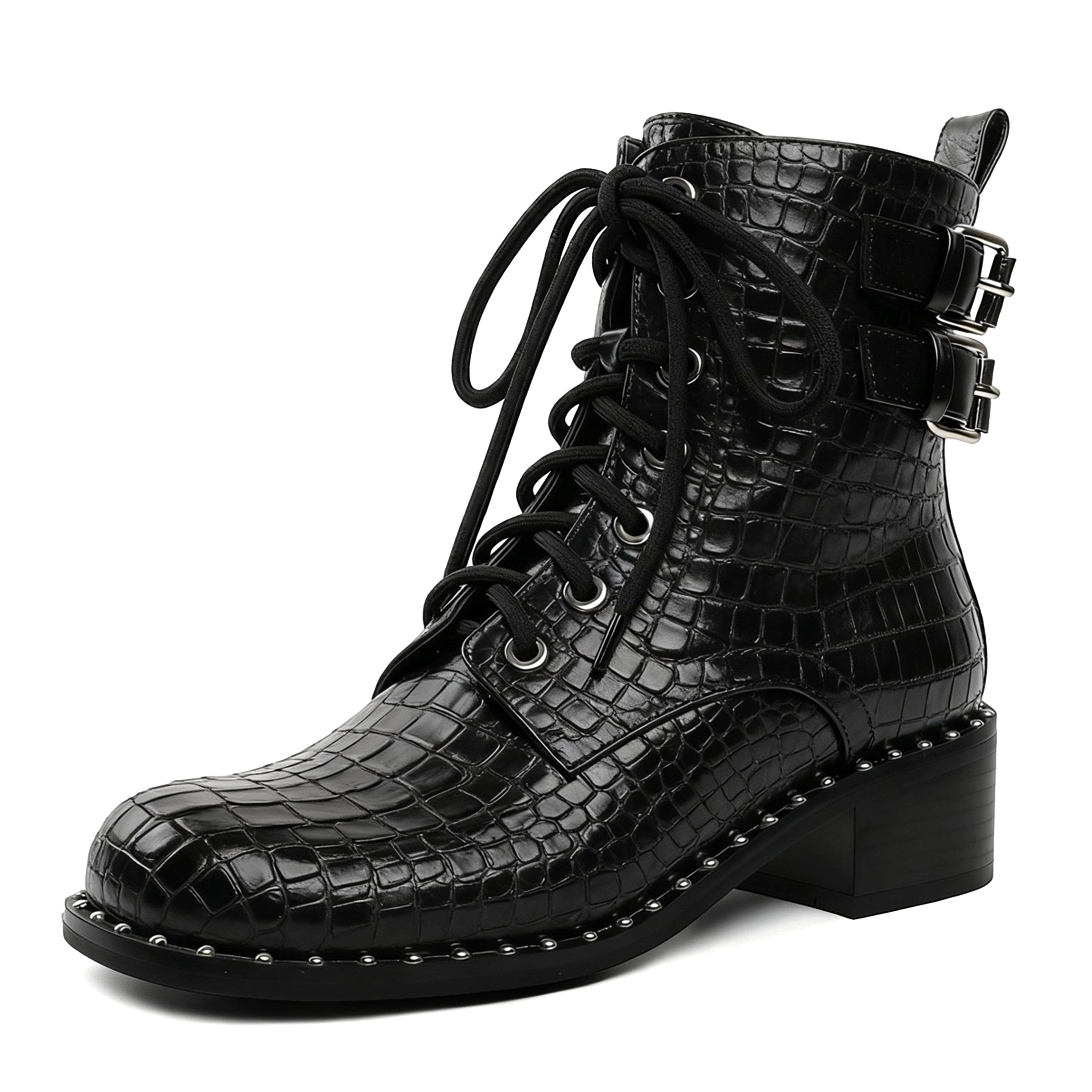 Sammitop Womens Fall Leather Combat Boots Black Moto Punk Gothic Ankle Boots