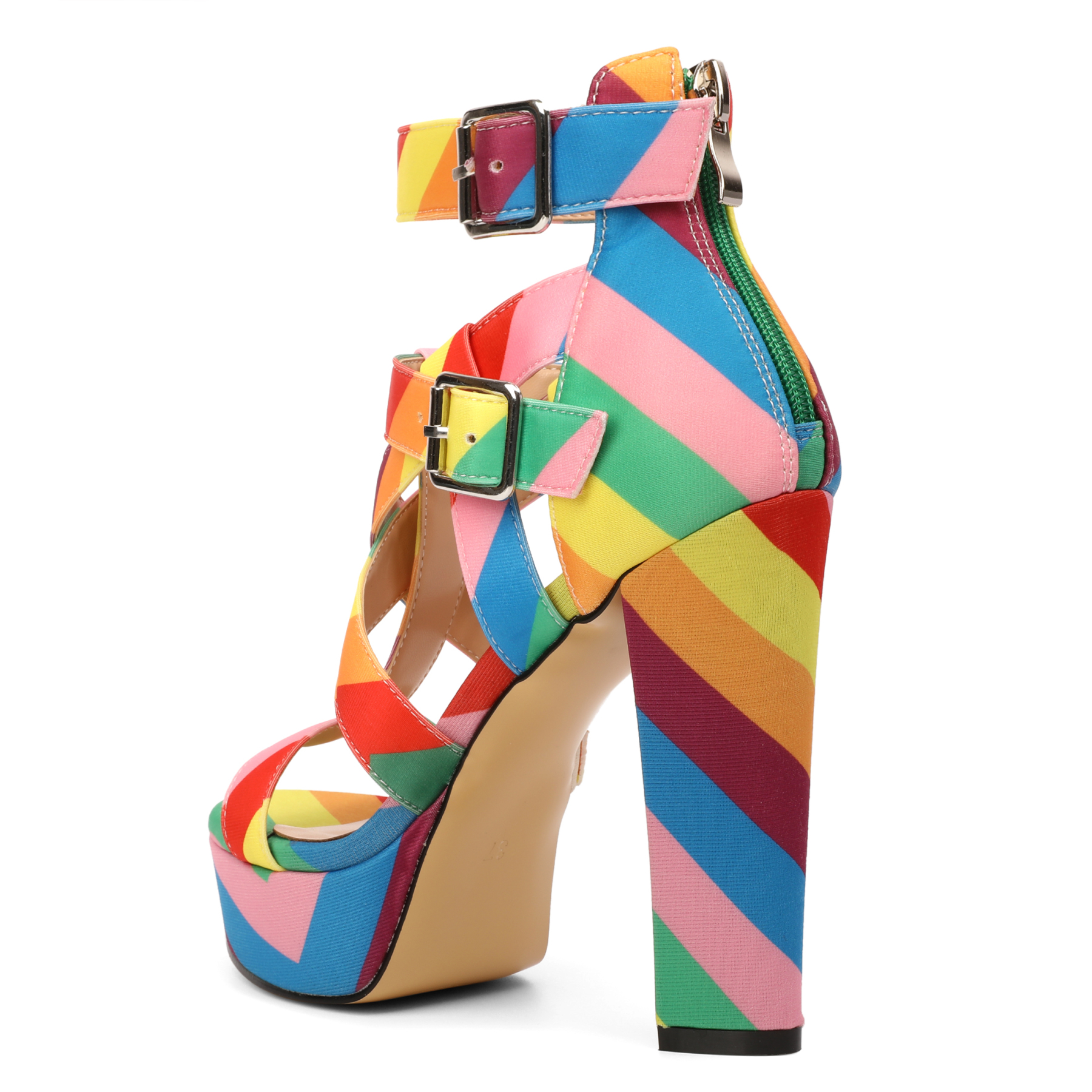 Back view of zipper closure and block heel detail

