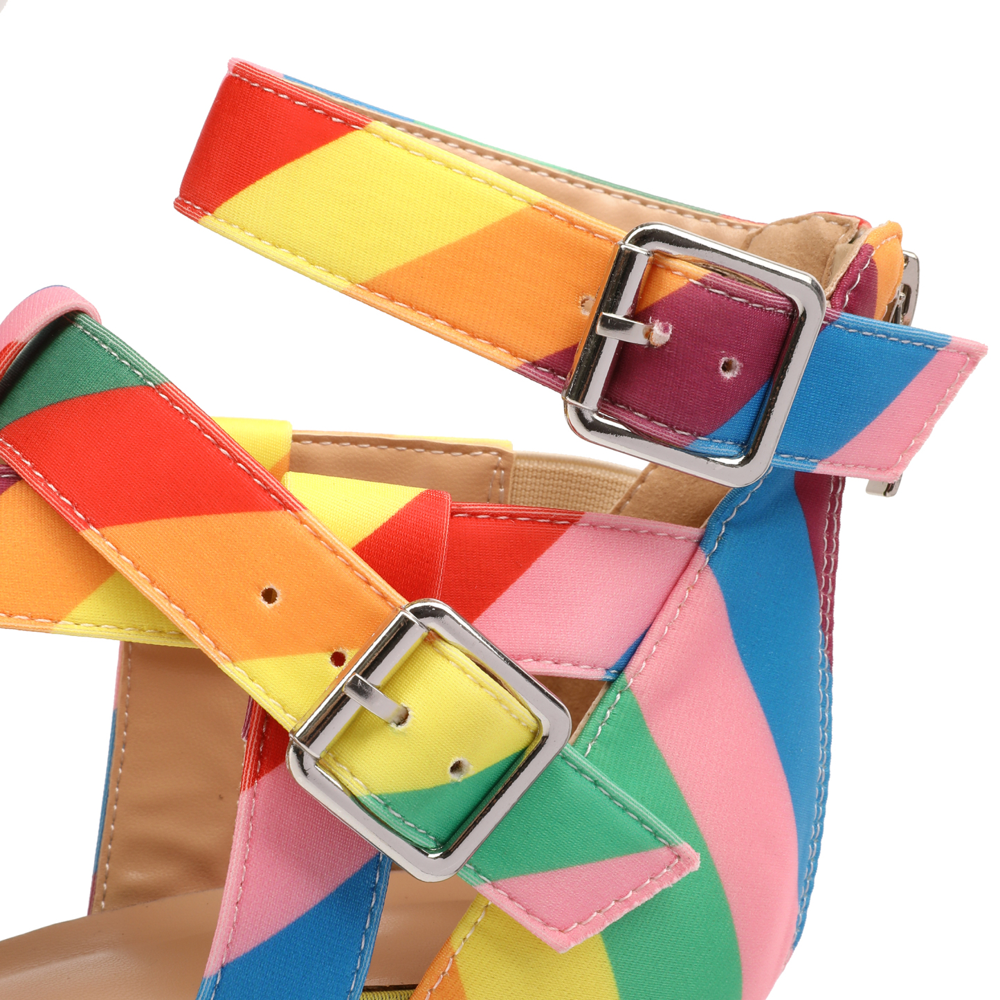 Close-up of rhinestone straps and square metal buckle