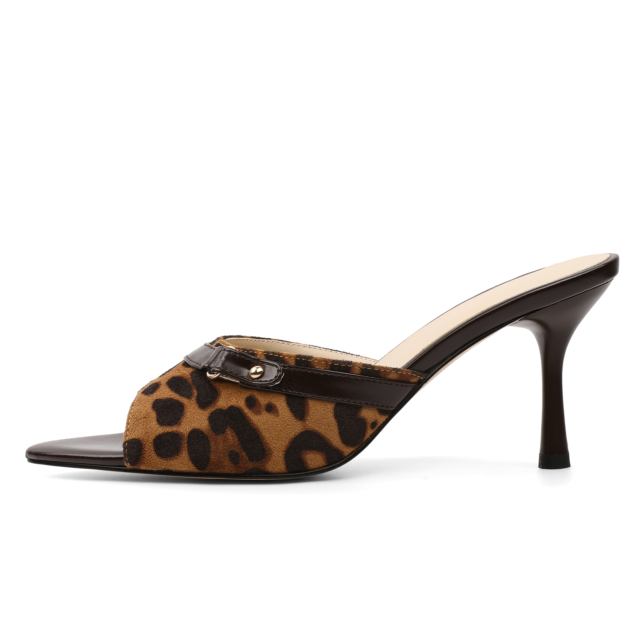 Side angle showing the sleek stiletto heel and fierce leopard print pattern