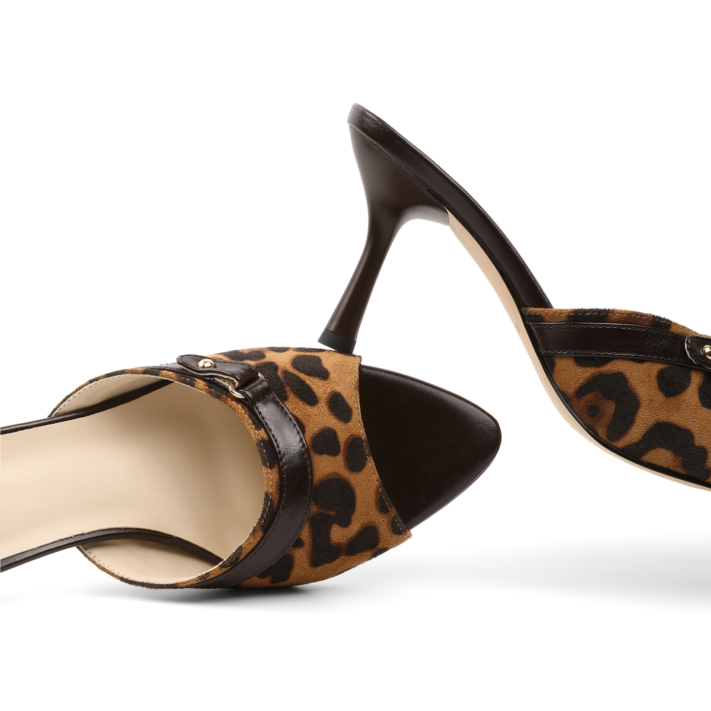 Top-down view of the pointed toe highlighting the bold animal print design