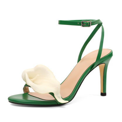 SAMMITOP Green Floral Stiletto Heels with Ankle Strap