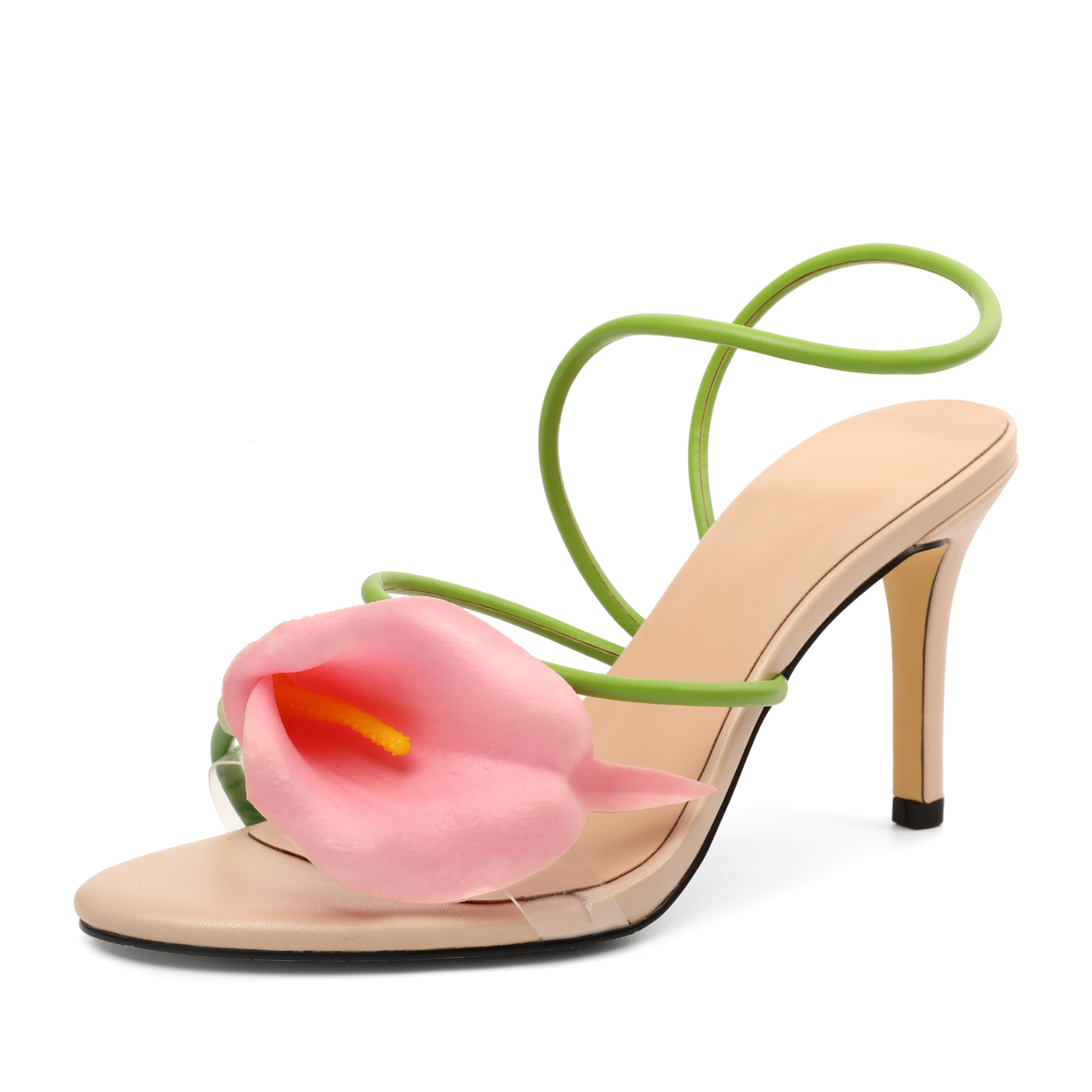 Side view of pink flower high heel sandals with green ankle strap and transparent band over toes