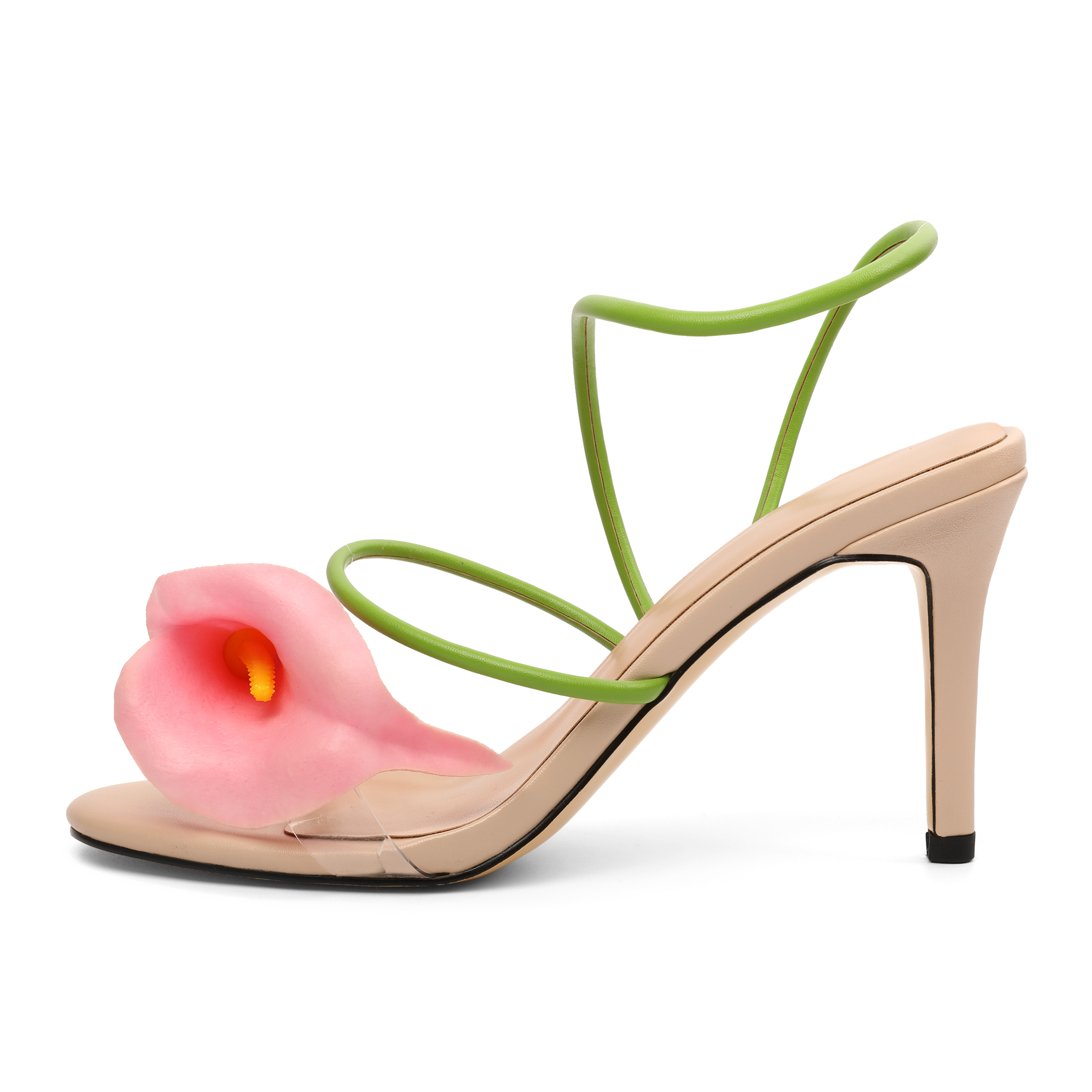 Side view of pink flower high heel sandals with green ankle strap and transparent band over toes