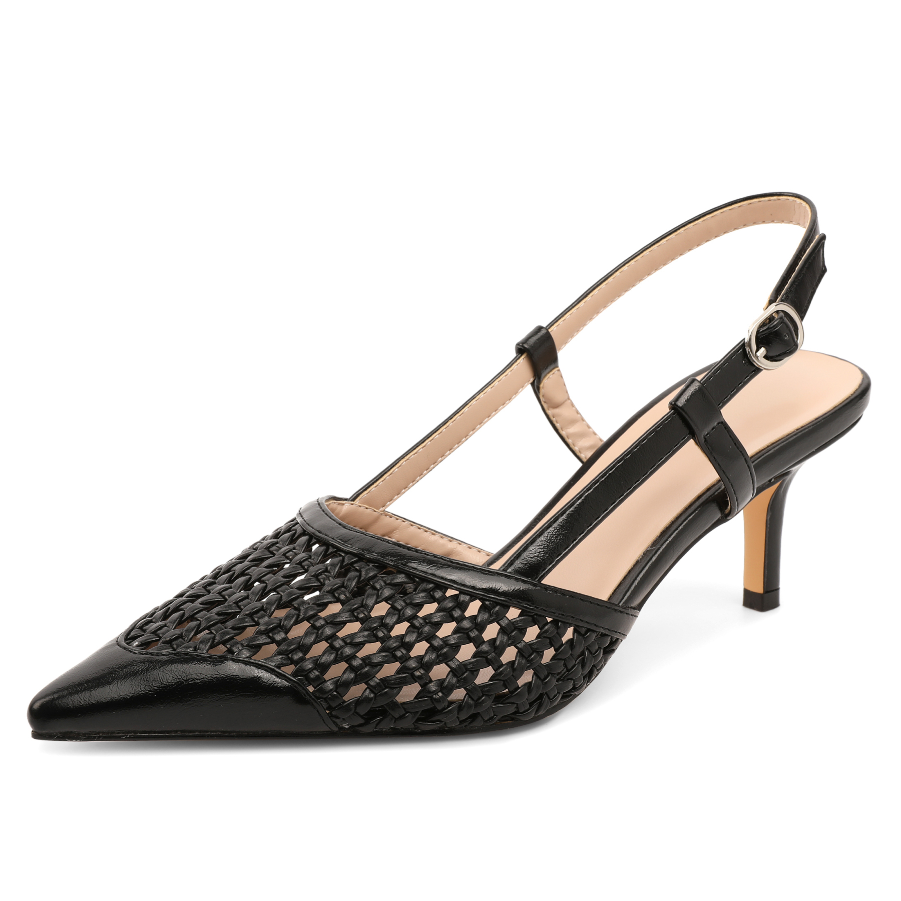 SAMMITOP 2.5 Inch Black lattice cutout pointed toe slingback pumps, low heel women’s party shoes