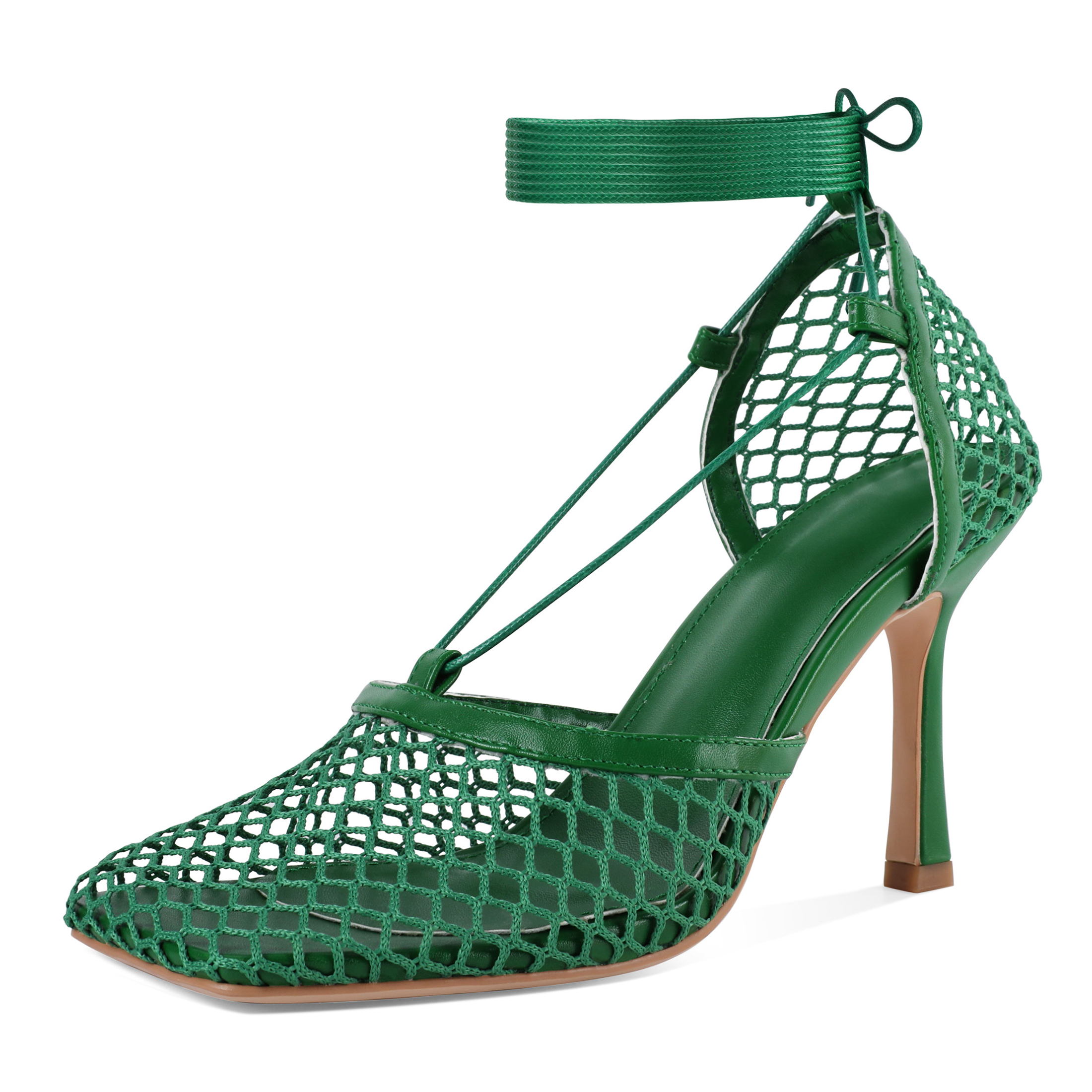 Green mesh strappy stiletto heels with square closed toe and lace up design