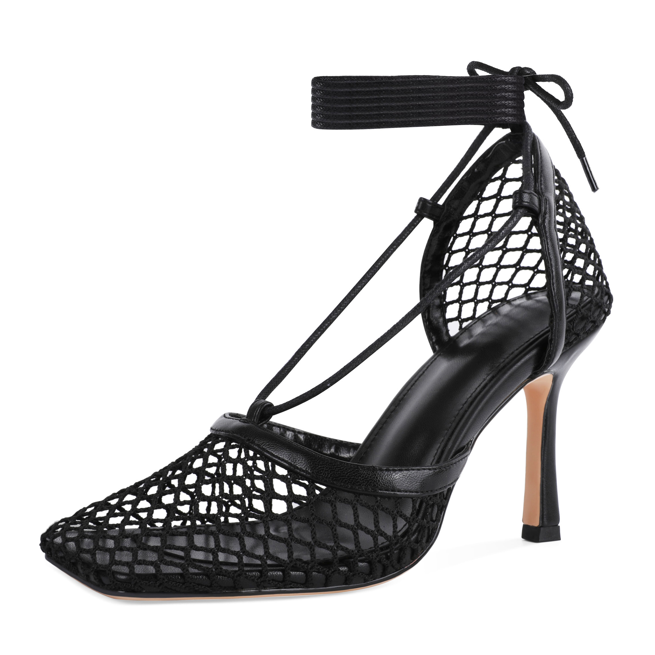 Black mesh lace up stiletto sandals with square closed toe and 3.5 inch heel