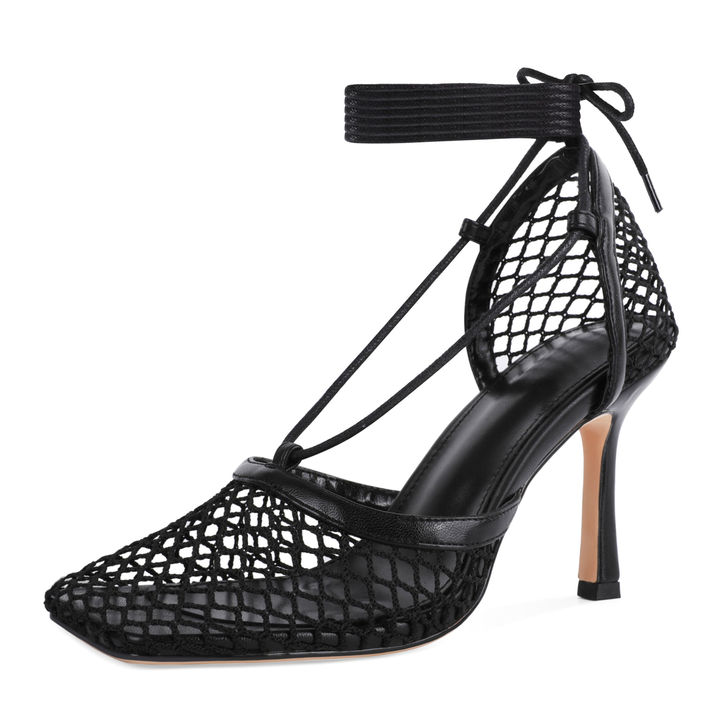 Black mesh lace up stiletto sandals with square closed toe and 3.5 inch heel