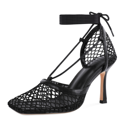 Black mesh lace up stiletto sandals with square closed toe and 3.5 inch heel