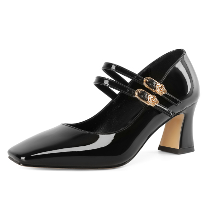 Black 2.5 inch Mary Jane block heel shoes with double straps and square toe, perfect for office or formal vintage style