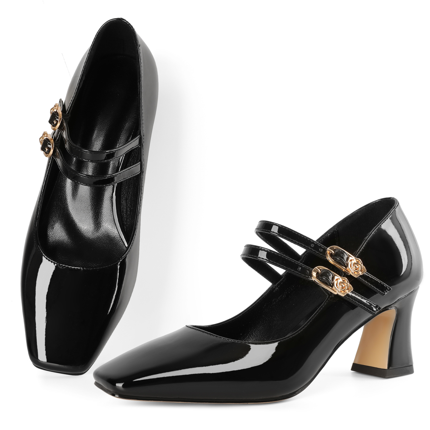 Top view of black Mary Jane pumps for women with wide toe box and adjustable double buckles.