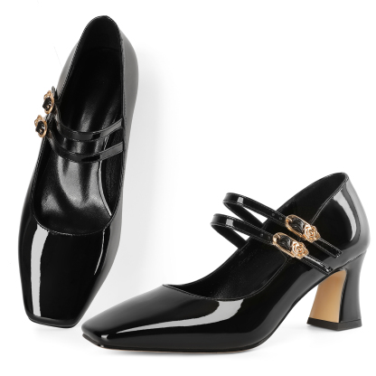 Top view of black Mary Jane pumps for women with wide toe box and adjustable double buckles.