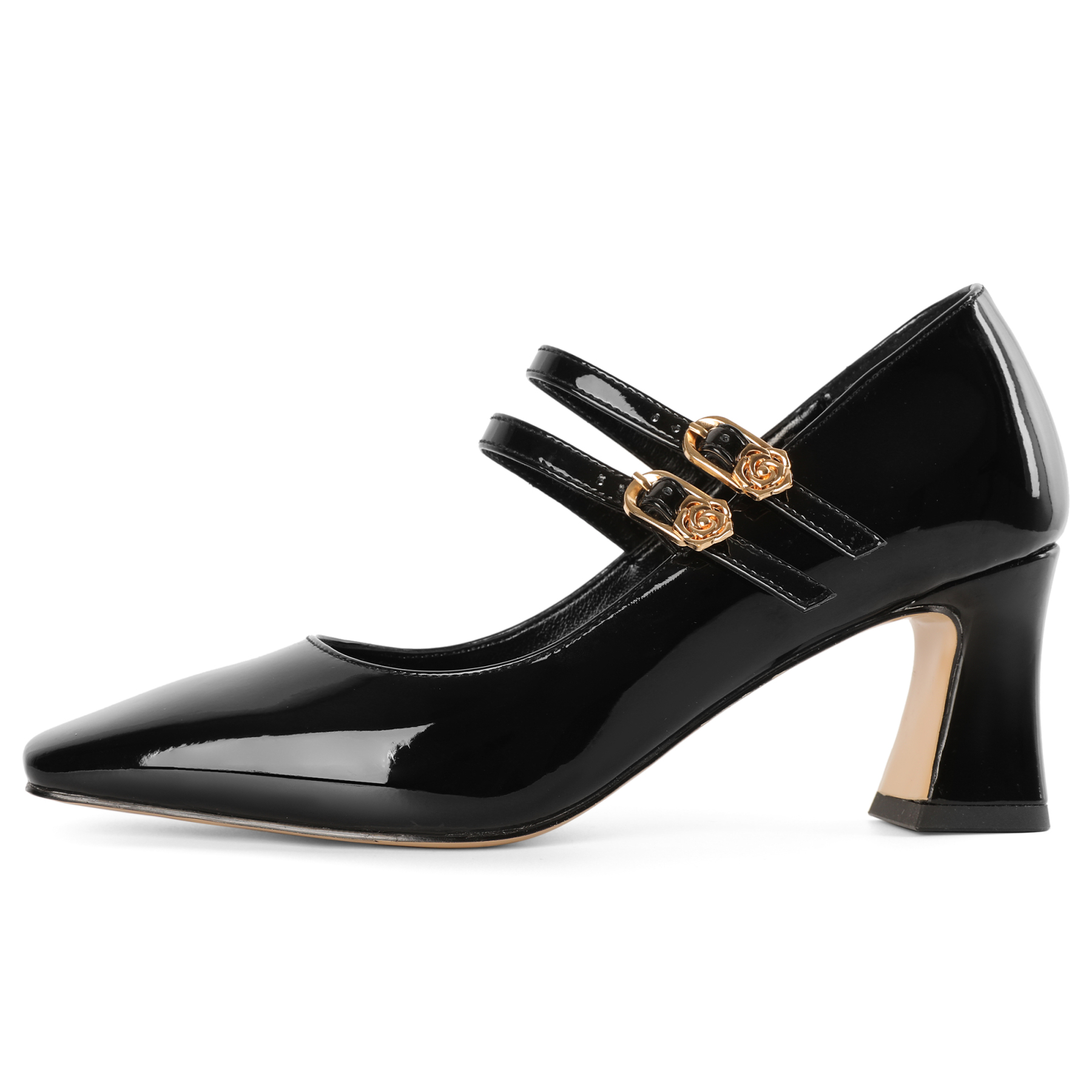 Black 2.5 inch Mary Jane block heel shoes with double straps and square toe, perfect for office or formal vintage style
