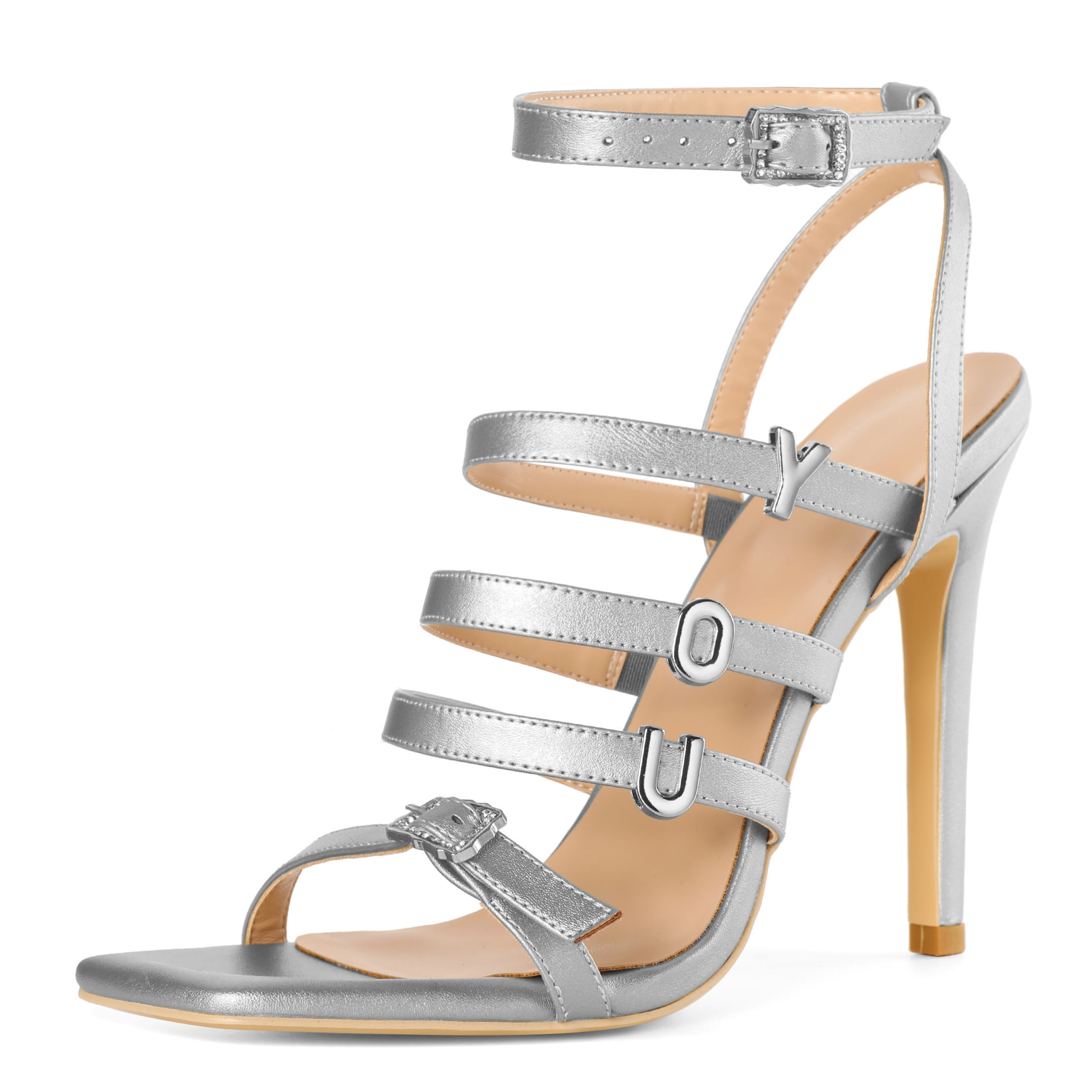 SAMMITOP silver4 Inch Ankle Strap Square Toe Stiletto Strappy Sandals 