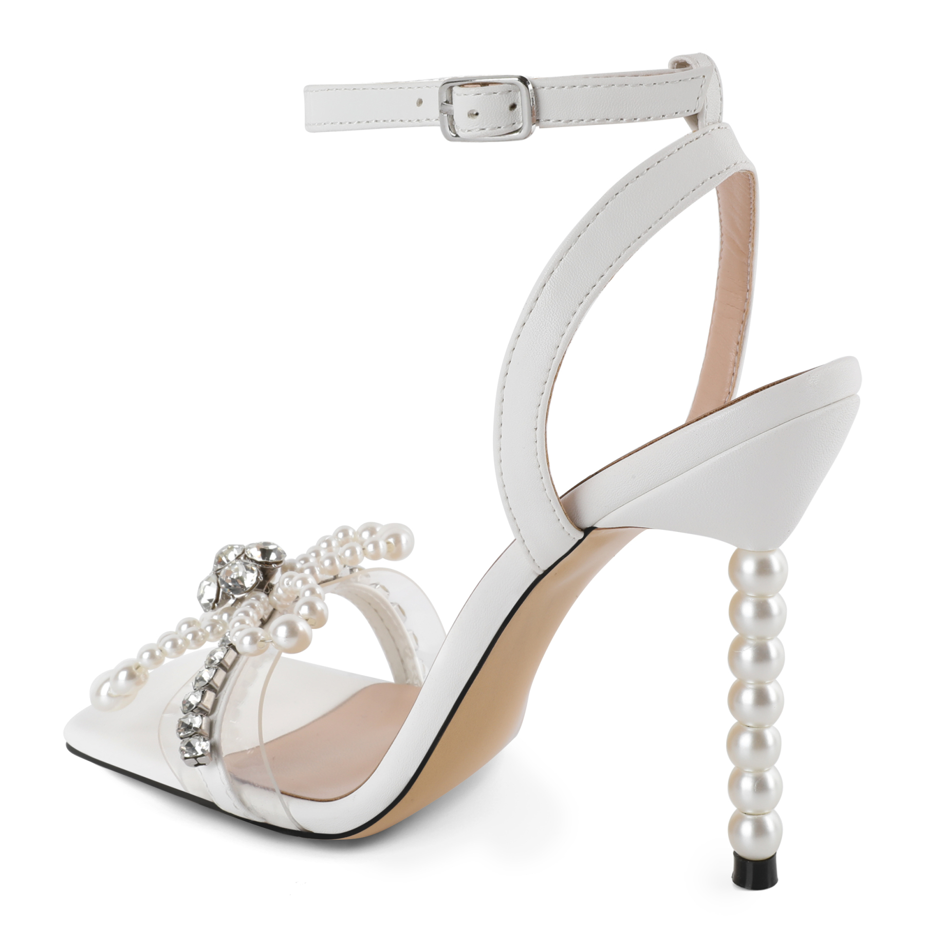 “Close‑up of faux‑pearl vamp straps and buckle closure”