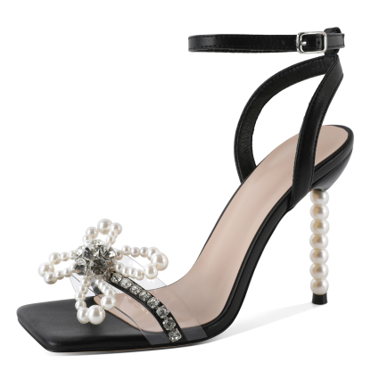 “Black pearl‑heel sandal with square toe—front angle”