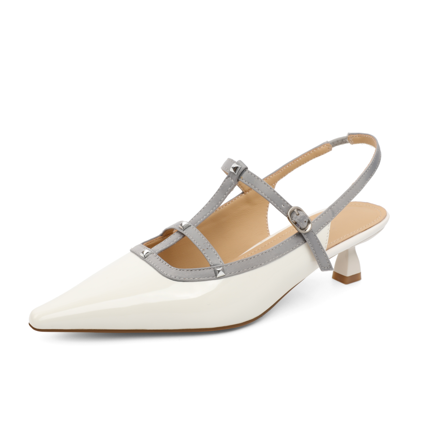 SAMMITOP 1.8 Inch White low heel slingback pumps with patent finish and adjustable T-strap