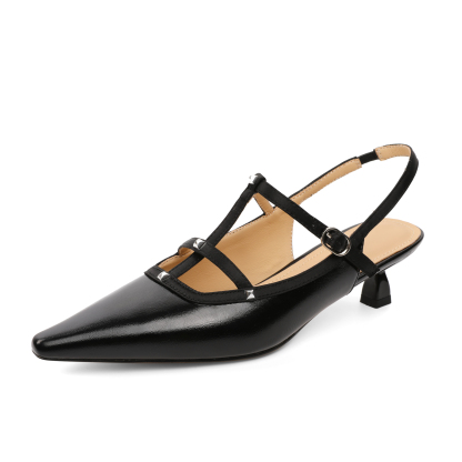 SAMMITOP 1.8 Inch Matte Black pointed toe kitten heels with studded T-strap and slingback design