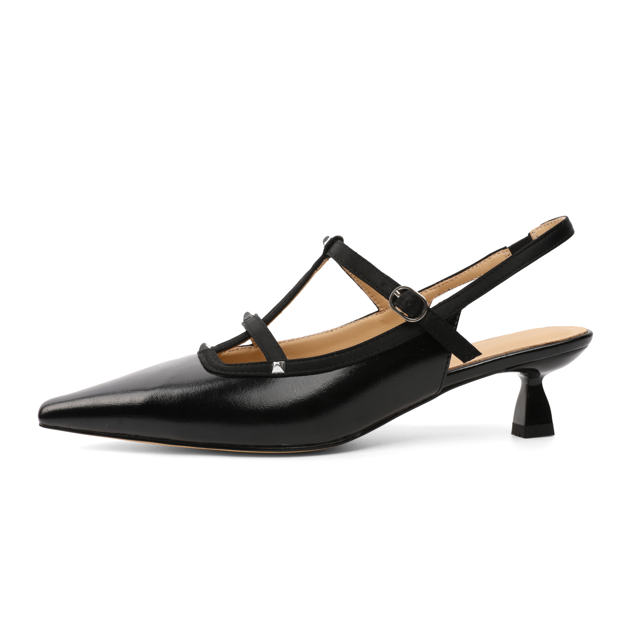 Side view of T-strap slingback kitten heels showing pointed toe, 1.8-inch low heel and metallic stud strap