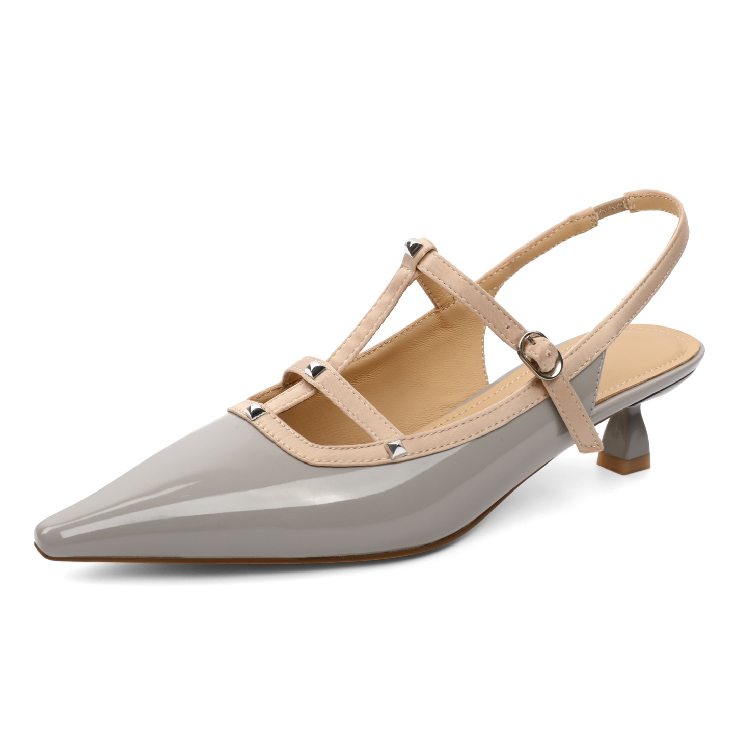 SAMMITOP 1.8 Inch Gray pointed toe kitten heels with metallic accents and breathable leather lining